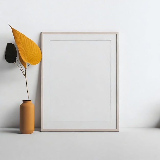 A picture frame and a yellow leaf are next to a vase.