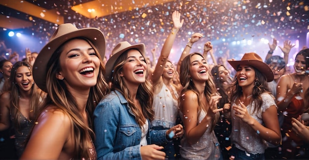 Picture freezing the lively scene of women adorned in cowboy hats joyfully laughing and dancing