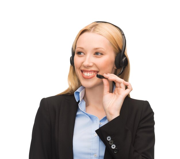 picture of friendly female helpline operator with headphones