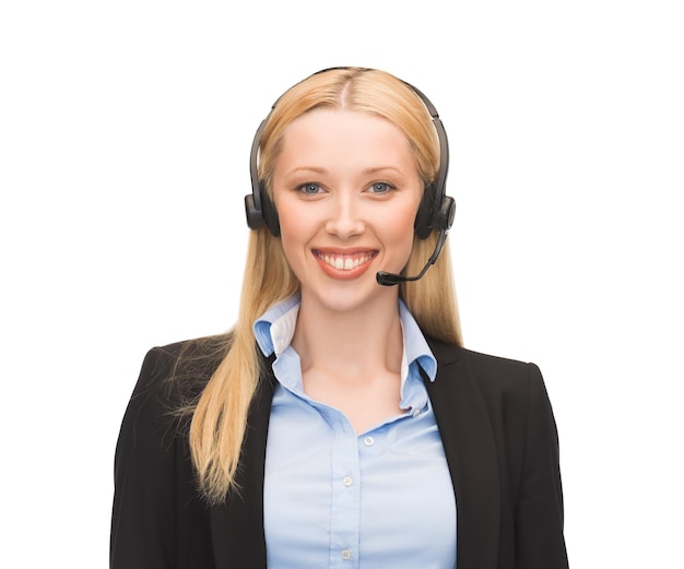 picture of friendly female helpline operator with headphones