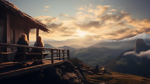 Picture from the back of person stting on wooden porch extending into a high mountain cliff