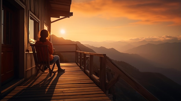 Picture from the back of person stting on wooden porch extending into a high mountain cliff