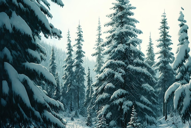 Picture from a low vantage point of the forests lovely snow capped fir trees