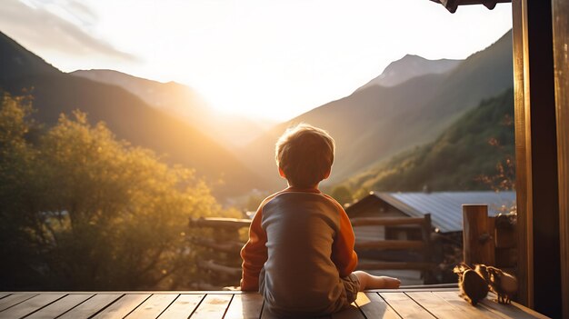 写真 高い山の崖に突き出た木製のポーチに足をとっている人の後ろからの写真