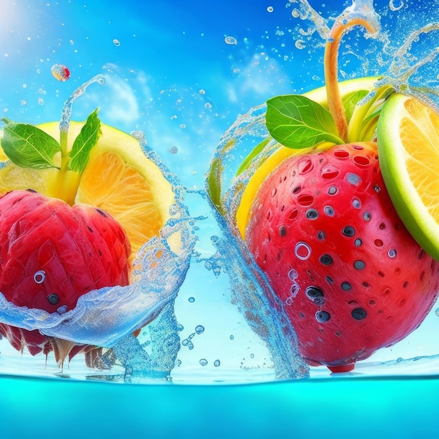 A picture of fruit being splashed with water