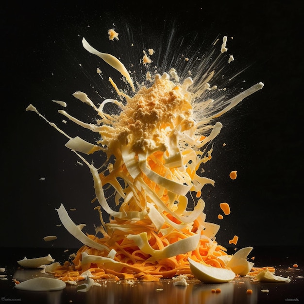 A picture of a fruit falling into a pile of cheese.