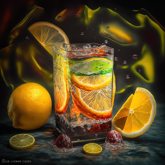 A picture of a fruit and a glass of water with lemons and lemons.