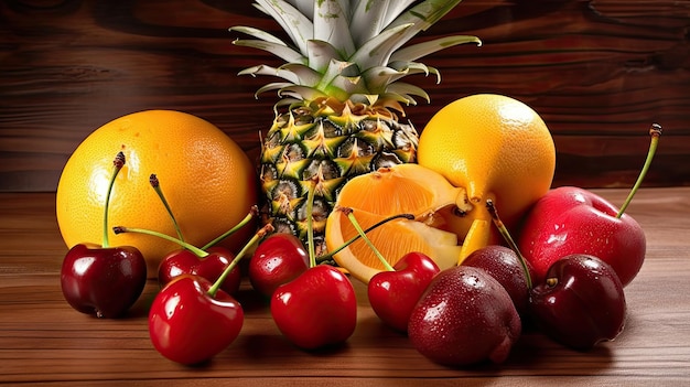 A picture of fruit including a pineapple, orange, and pineapple.