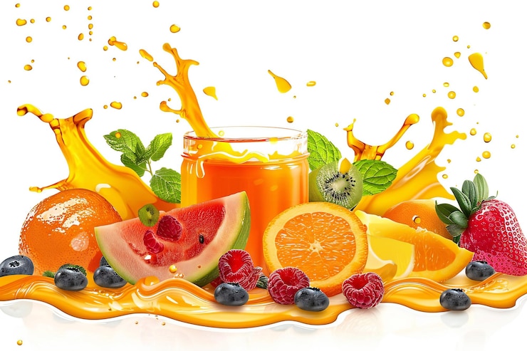 Photo a picture of fruit juice and a glass of juice