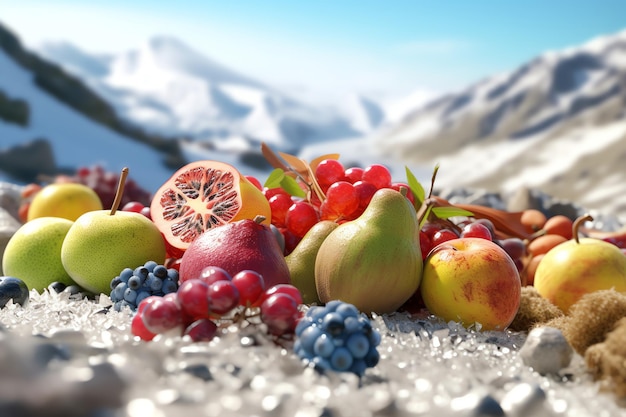 A picture of a fruit pile with a mountain in the background