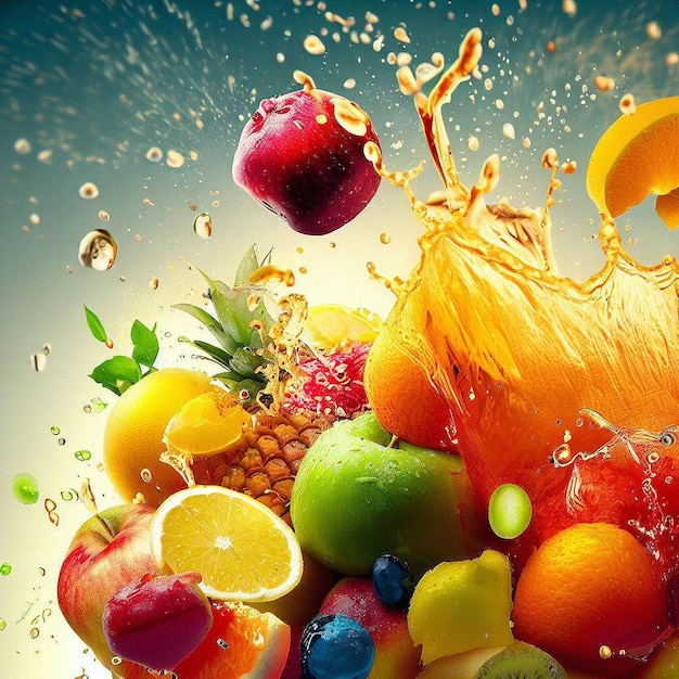 A picture of a fruit splashing out of a glass of juice.