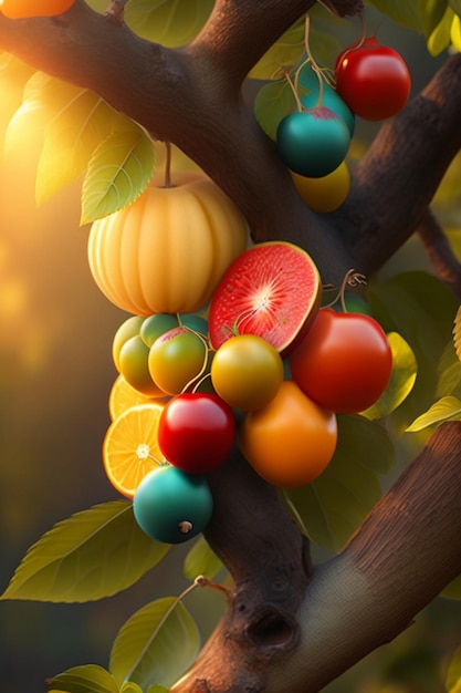 A picture of a fruit tree with the sun shining on it.