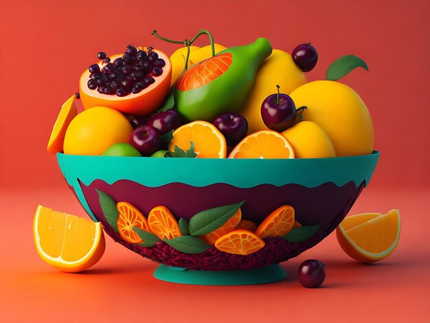 A picture of fruit with a bowl colorful background generative ai