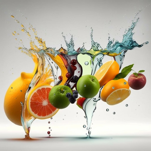 A picture of a fruit with a splash of water in it