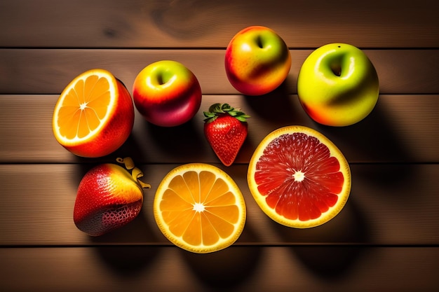 A picture of fruit on a wooden table