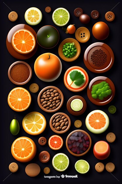 Изображение фруктов и овощей, включая миску с апельсинами и другими фруктами.
