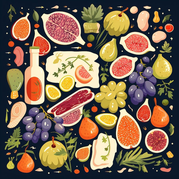 a picture of fruits and vegetables with a bottle of olive oil