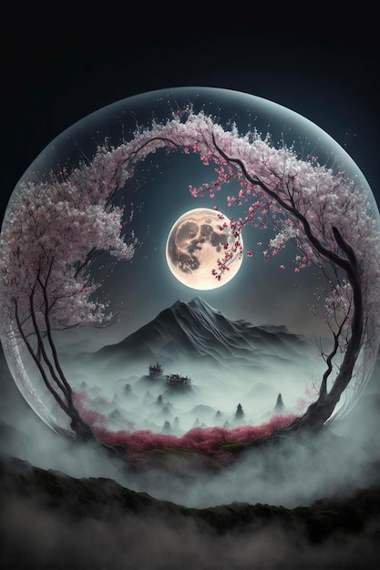 Picture of a full moon with a mountain in the background generative ai