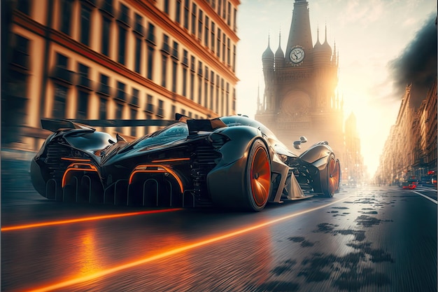 Picture of futuristic racer on his way to finish line hypercar rushes through city