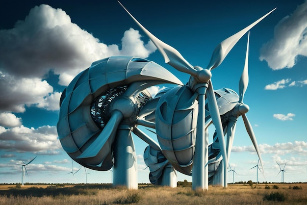 A picture of futuristic wind turbines with a blue sky and