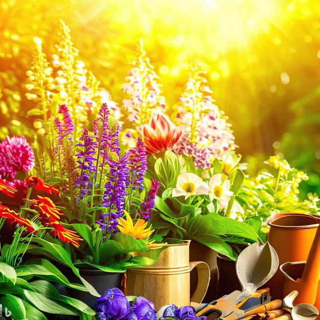 A picture of a garden with a picture of flowers and pots with a picture of flowers.