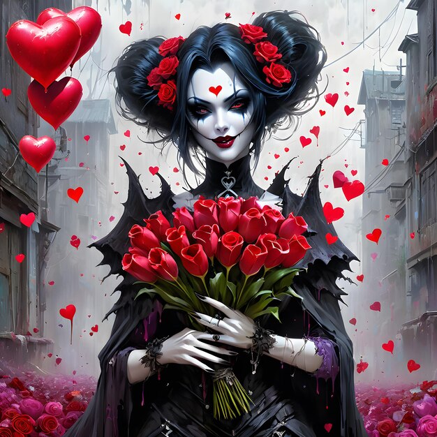 Picture a ghastly HorrorCore vampire a creature of the night holding beautiful Valentines hearts