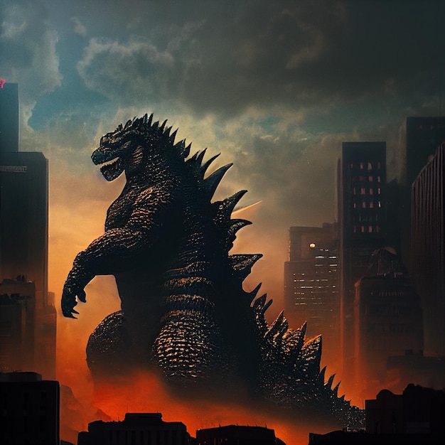 A picture of a giant godzilla with a red sign on it