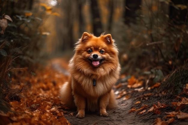 Picture of a ginger Pomeranian dog against an autumnal landscape