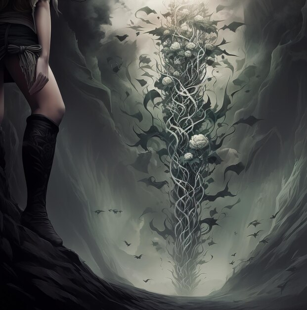 a picture of a girl in a dark forest with a tree in the background.