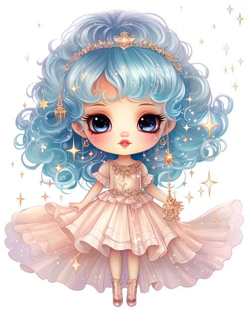 a picture of a girl with blue hair and a pink dress with gold stars