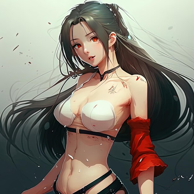 a picture of a girl with long hair and a red bra underneath her chest