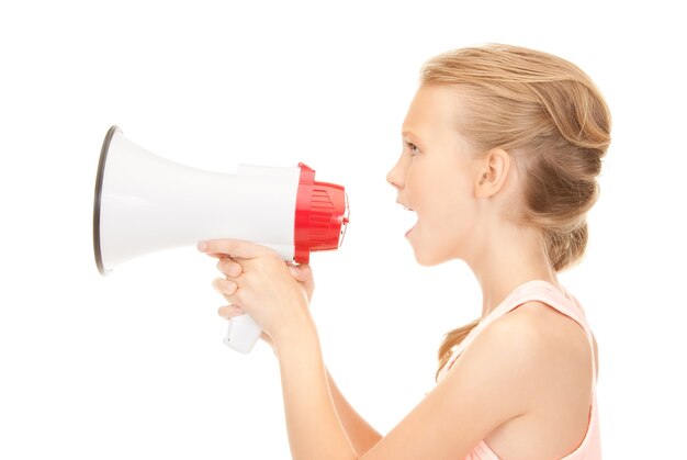 picture of girl with megaphone over white