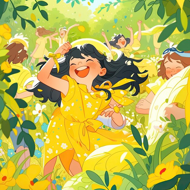 A picture of a girl with a yellow dress and the words