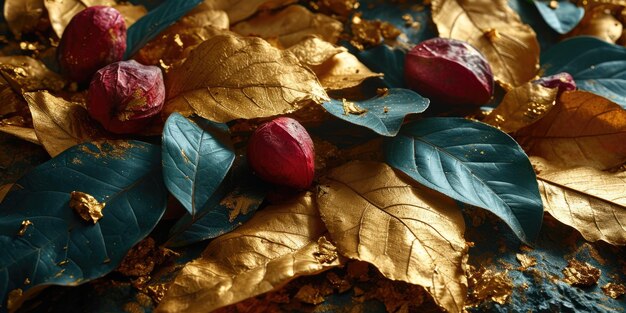 The picture of gold leaf in the forrest on the ground and bright light AIGX03