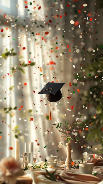 Foto una foto di un berretto di laurea e una stringa di confetti