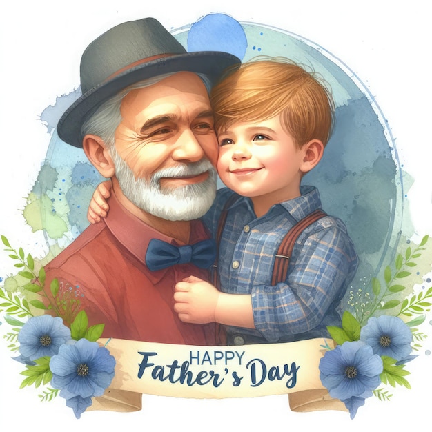 Photo a picture of a grandfather and his son with a wooden frame that says happy fathers day