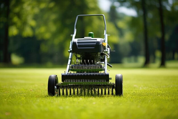 Photo picture of grass aerator on the green lawn