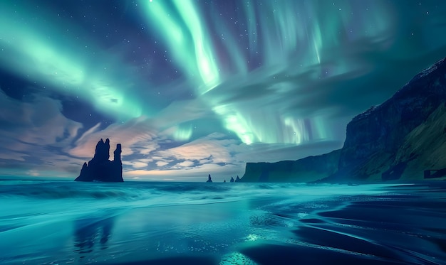 a picture of a green aurora over a beach with the ocean and rocks