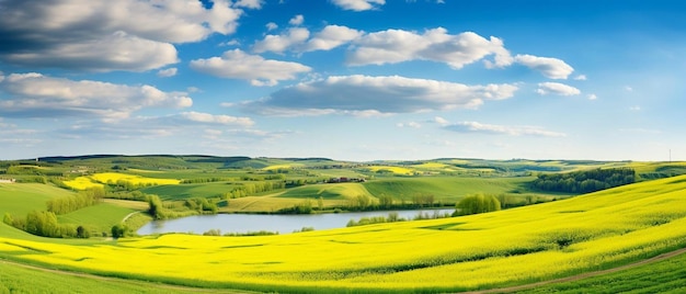 Foto un'immagine di un campo verde con un fiume e nuvole nel cielo