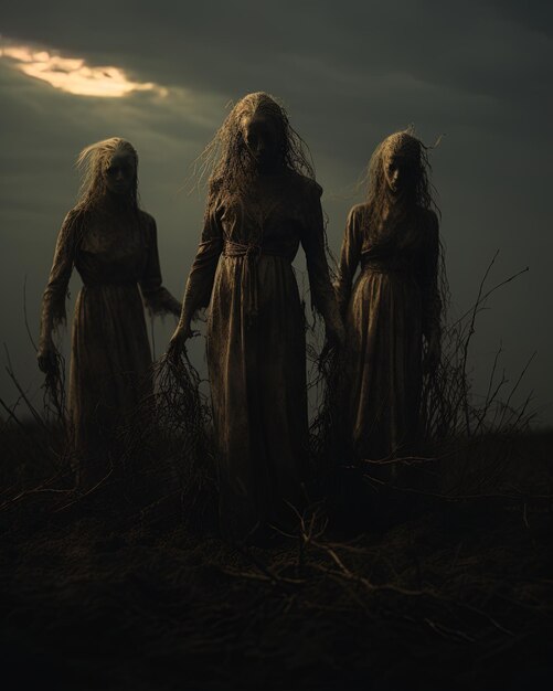 a picture of a group of creepy zombies in a field