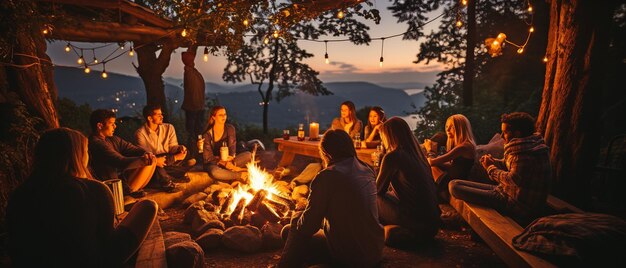 Photo picture of a group of people having a nice campfire gathering