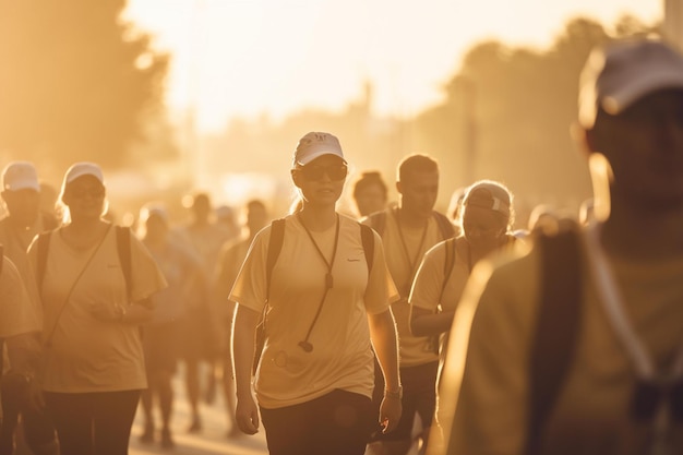 Picture of a group of people participating in a charity walk or run World health day bokeh