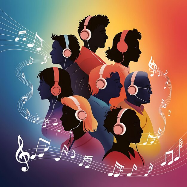 a picture of a group of people with headphones and a colorful background with music notes