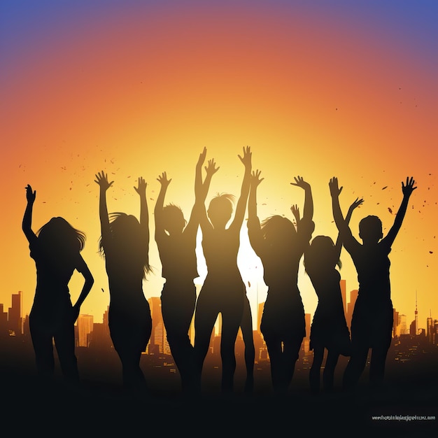 a picture of a group of people with their arms up in the air