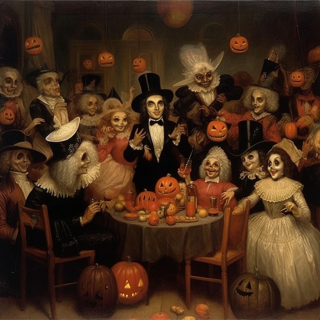 a picture of a halloween scene with a man in a black hat and a black bow tie.