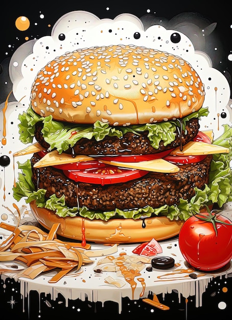 ミニトマトとミニトマトの絵が描かれたハンバーガーの絵。