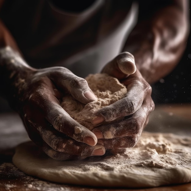 Picture of hands kneading pizza dough generative AI