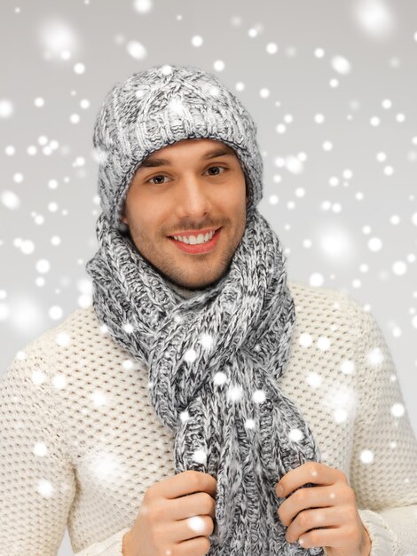 picture of handsome man in warm sweater, hat and scarf.