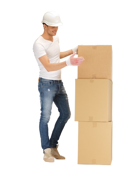 picture of handsome man with big boxes.