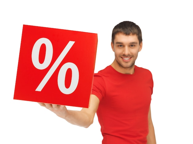 picture of handsome man with percent sign (focus on box)